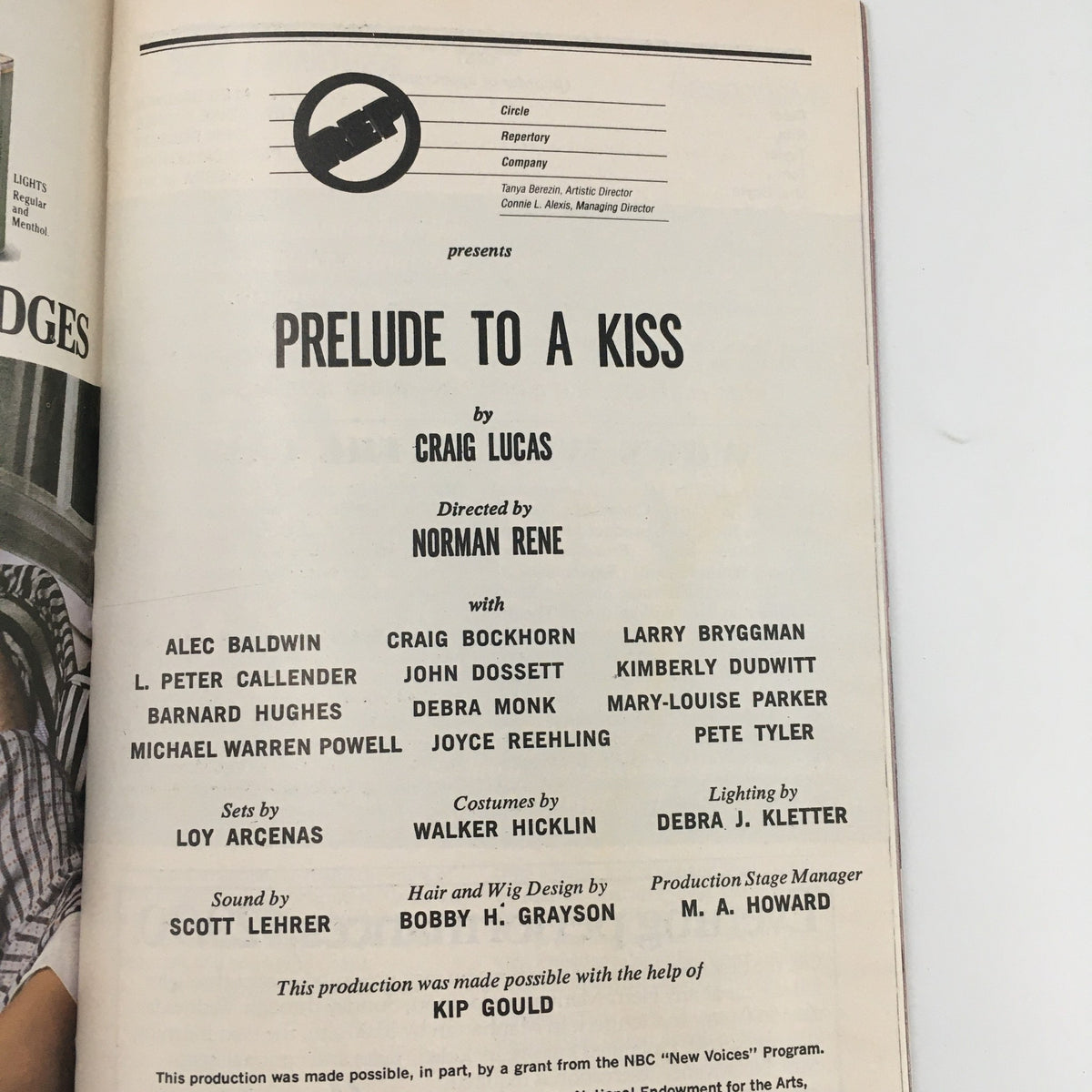 1990 Playbill for 'Prelude To A Kiss' by Craig Lucas, featuring the Circle Repertory Company, highlighting cast and production details.
