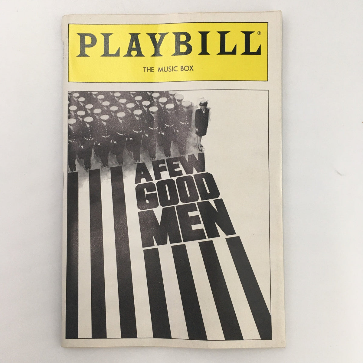 1989 Playbill for 'A Few Good Men' at The Music Box Theatre, featuring an iconic cover image with military personnel marching and bold text.