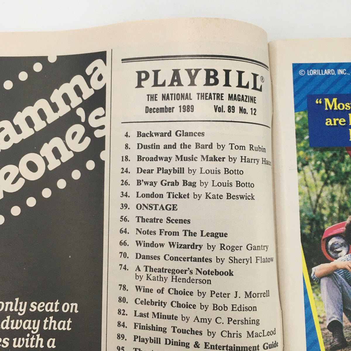 Interior of the 1989 Playbill for 'A Few Good Men', showing the national theatre magazine layout and various articles, including theater scenes and acknowledgments.