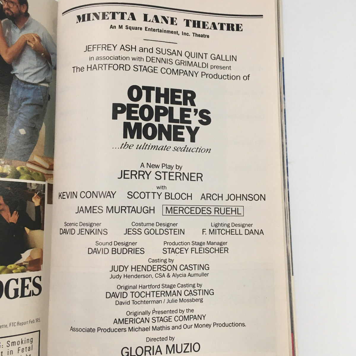Credits page from the Minetta Lane Theatre Playbill for 'Other People's Money', listing cast and production team details.