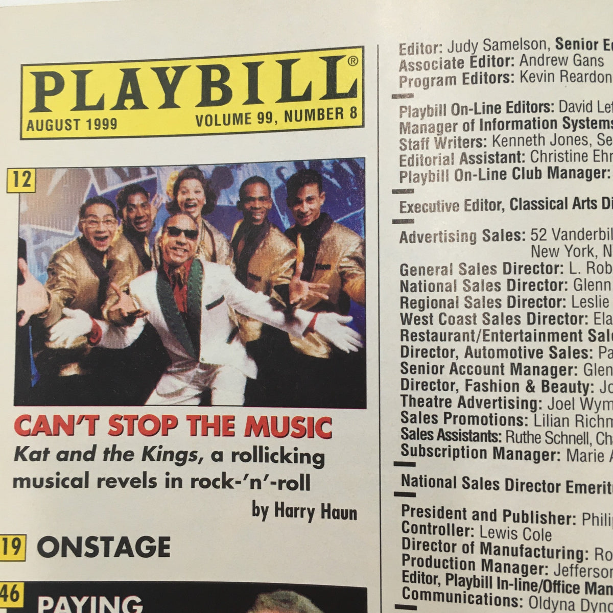 1999 Playbill for 'Jar the Floor' with the featured musical 'Can't Stop the Music' highlighted on the page.