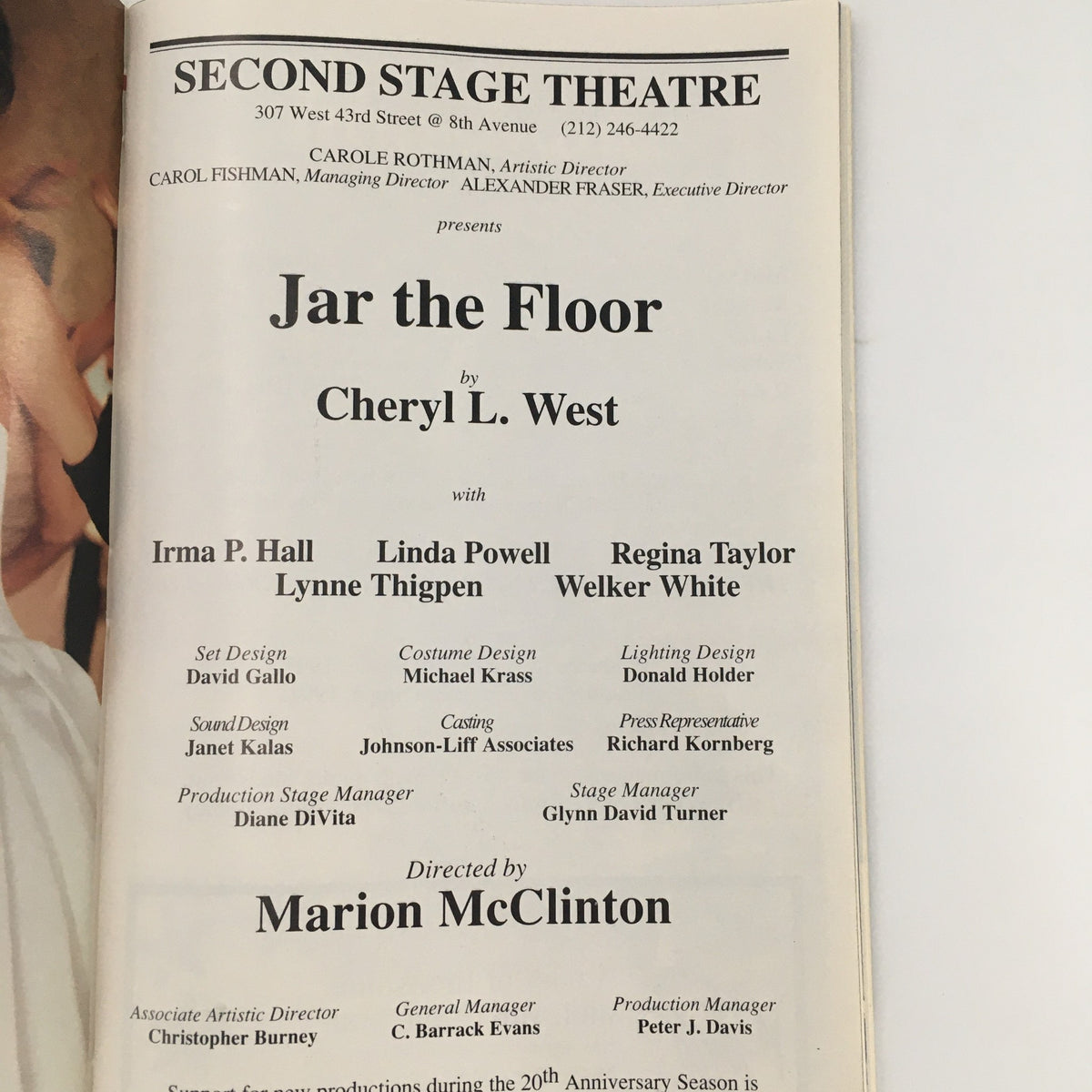 Inside page of the 1999 Playbill for 'Jar the Floor' by Cheryl L. West, detailing cast and production credits at the Second Stage Theatre.