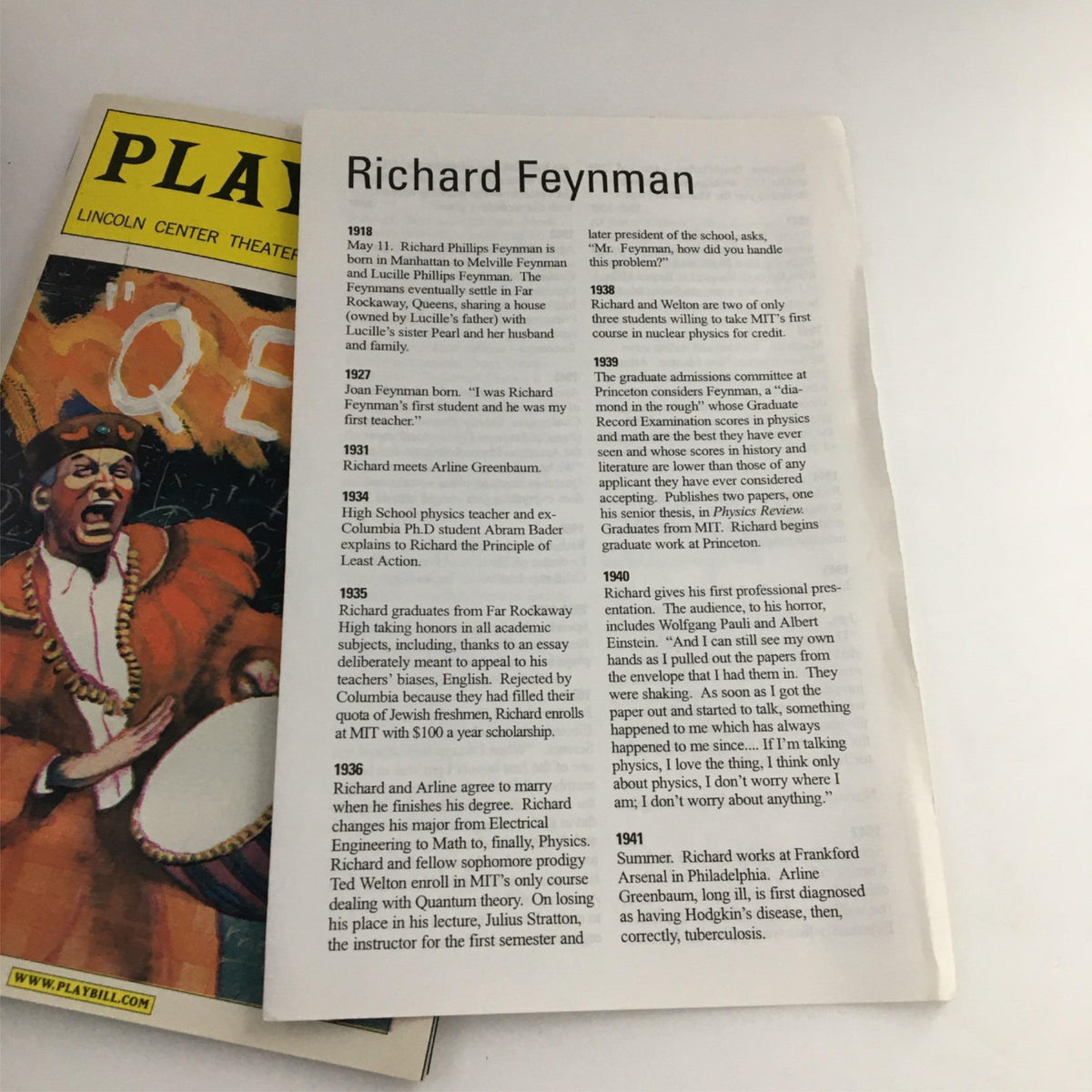 Inside page of the 2001 Playbill for QED by Lincoln Center Theater at the Vivan Beaumont, featuring Richard Feynman's biography and history.
