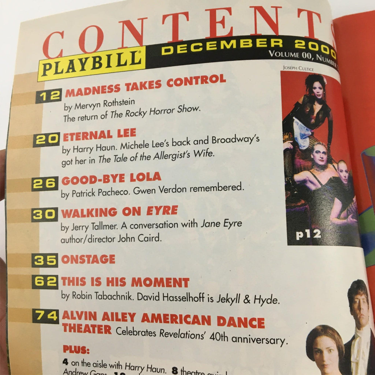 Inside contents page of the December 2000 Playbill for 'Comic Potential' by Manhattan Theater Club, listing other featured performances and articles.