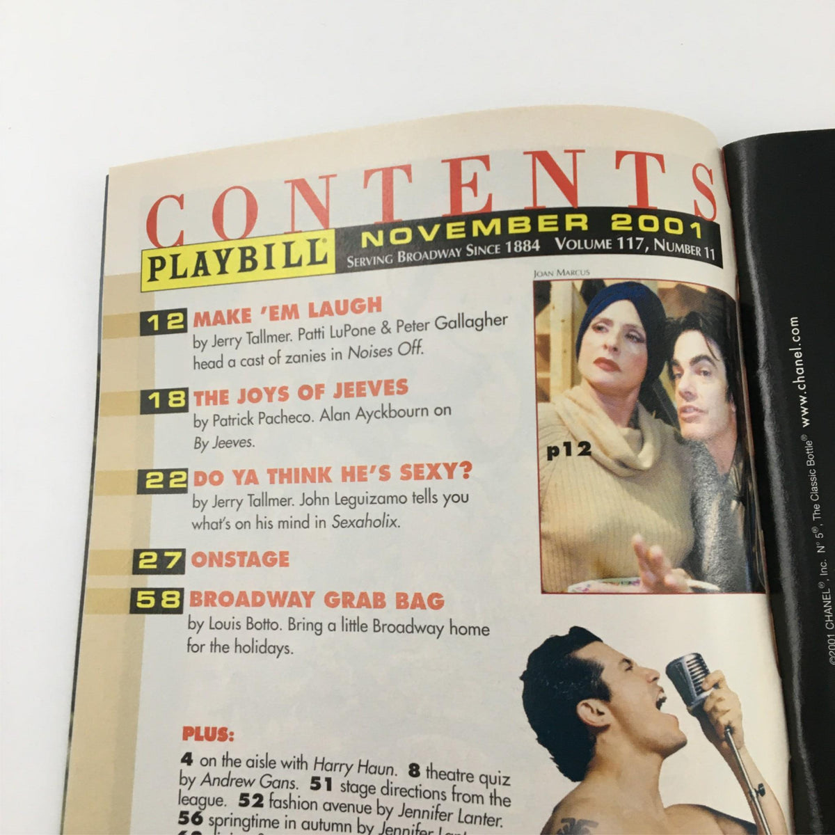 Contents page of the 2001 Playbill for 'Thou Shall Not,' highlighting articles and features related to Broadway’s November 2001 edition.