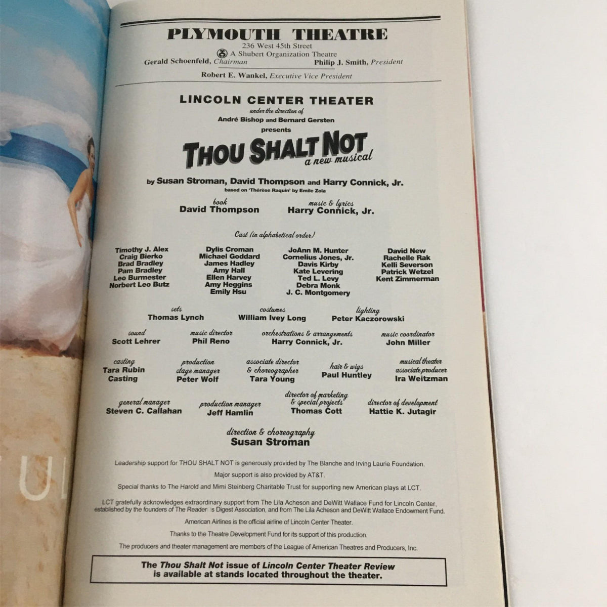 The cast and crew listing from the 2001 Playbill for 'Thou Shall Not,' showcasing the production details including director Susan Stroman and playwright David Thompson.