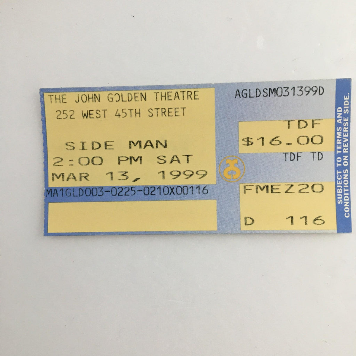Original ticket for Side Man at John Golden Theatre dated March 13, 1999, priced at $16.00.