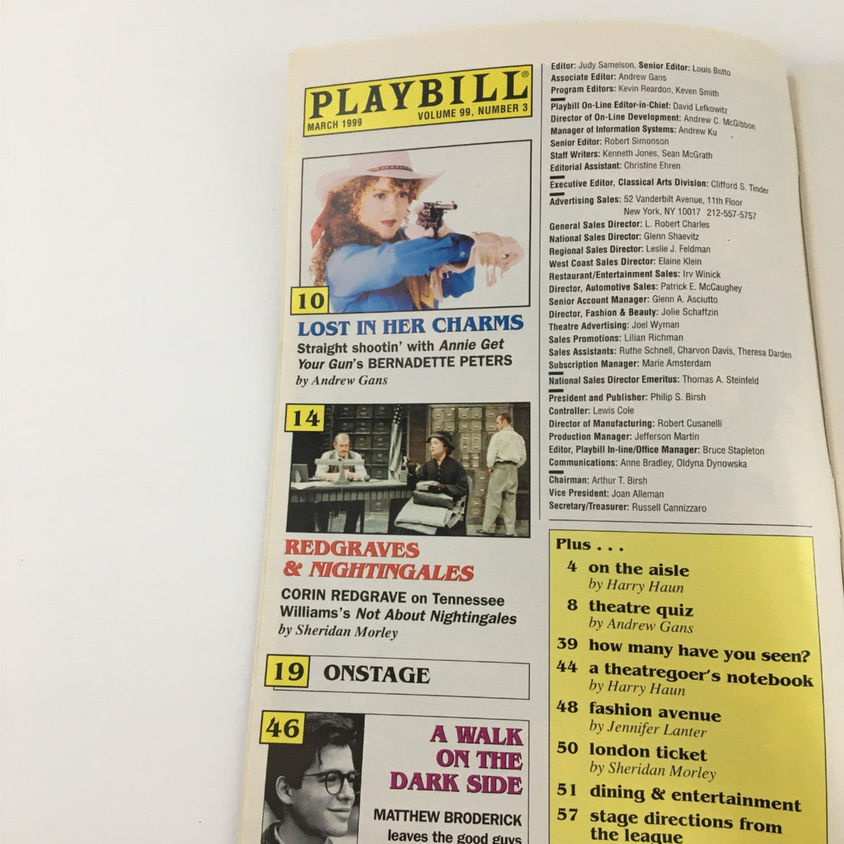 Interior page of the 1999 Playbill for 'Side Man' featuring various articles and highlights from the theater, showcasing the cultural context of the era.