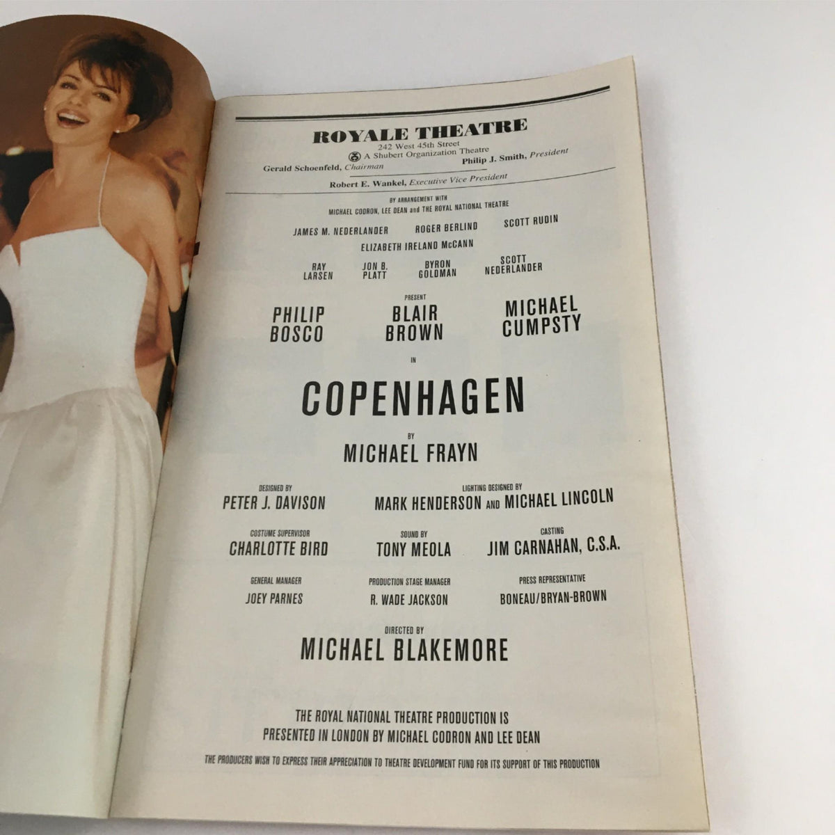 Inside page of the 2000 Playbill Copenhagen detailing the cast and crew, including director Michael Blakemore and writer Michael Frayn.