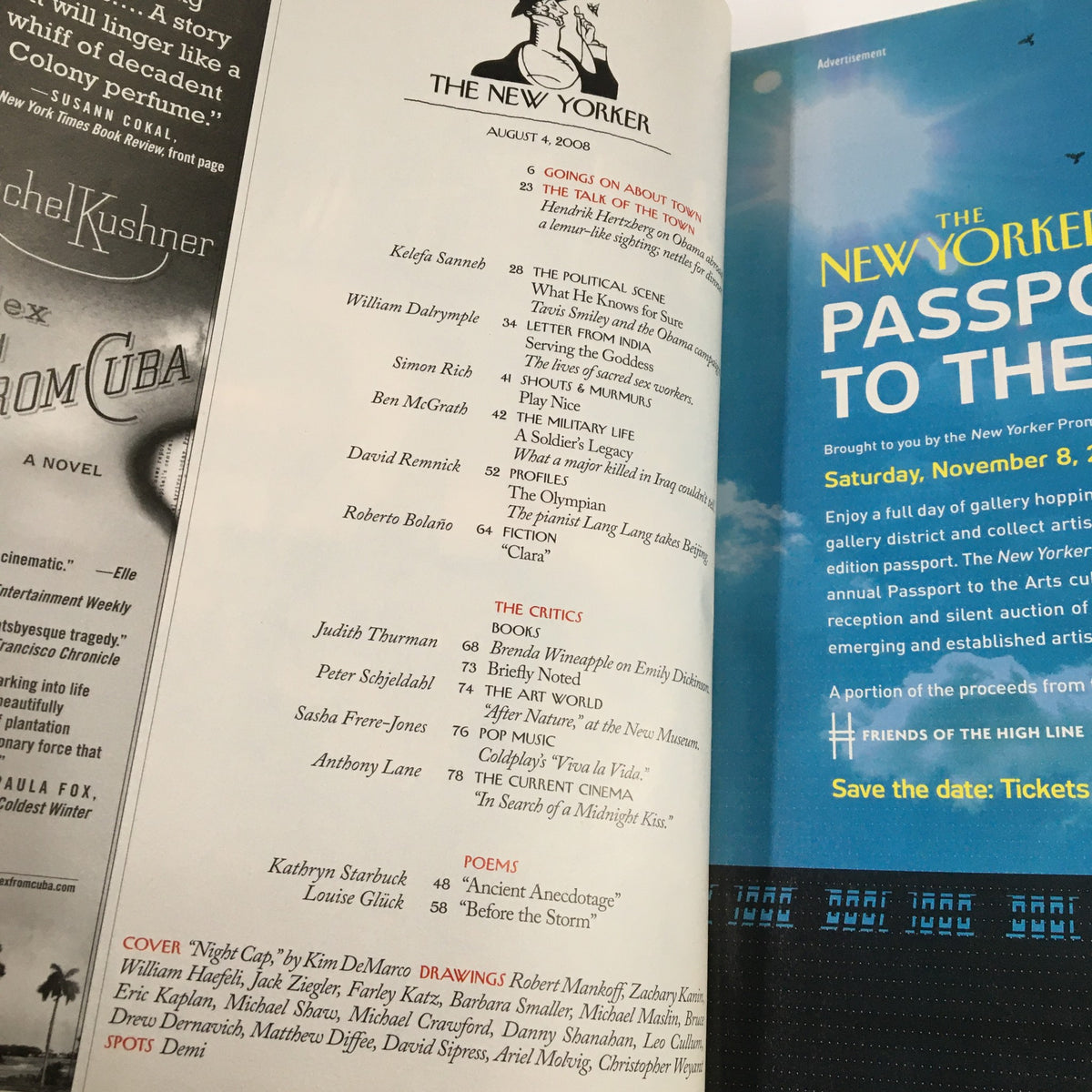 Interior spread of The New Yorker Full Magazine August 4 2008, displaying the contents page with article titles and a feature on cultural commentary.
