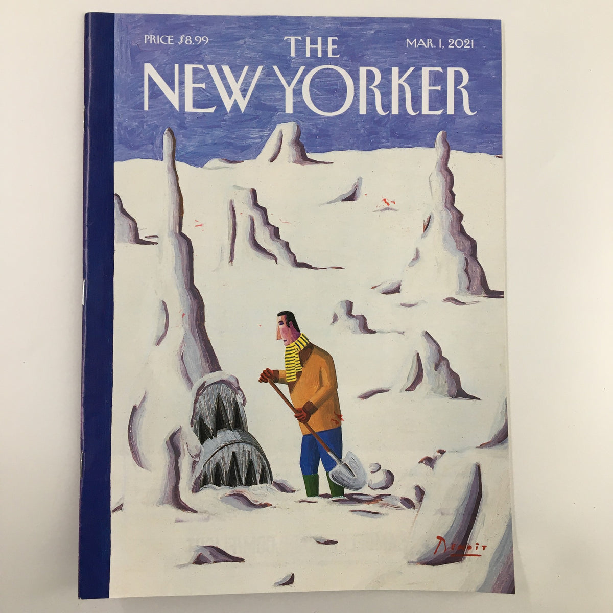 The New Yorker Full Magazine Cover March 1 2021 featuring the artwork 'Under the Weather' by Benoit van Innis, showcasing a whimsical snowy landscape and a figure with a shovel.