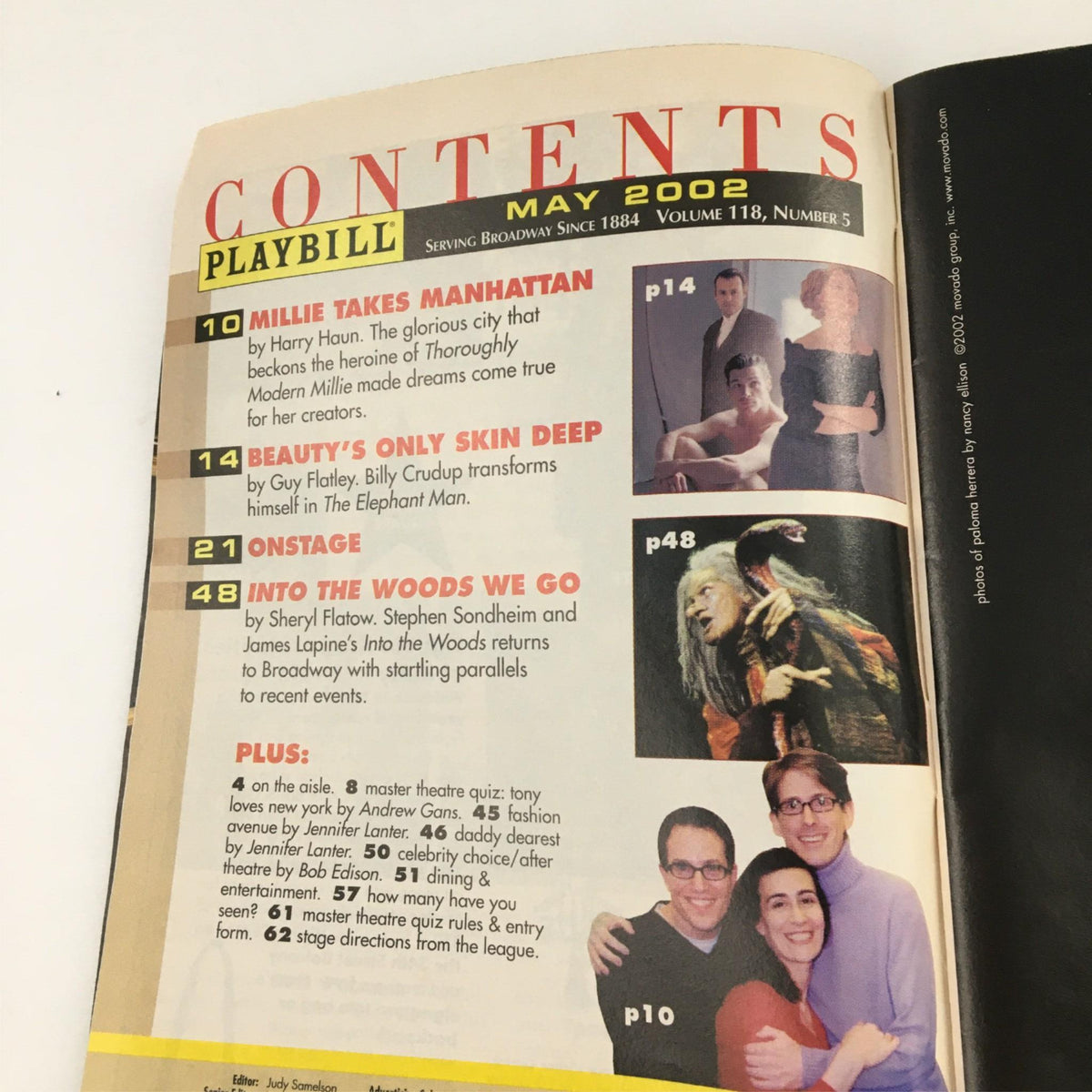 Contents page of the 2002 Playbill for Garden by Manhattan Theater Club, featuring articles and highlights from the May 2002 edition.