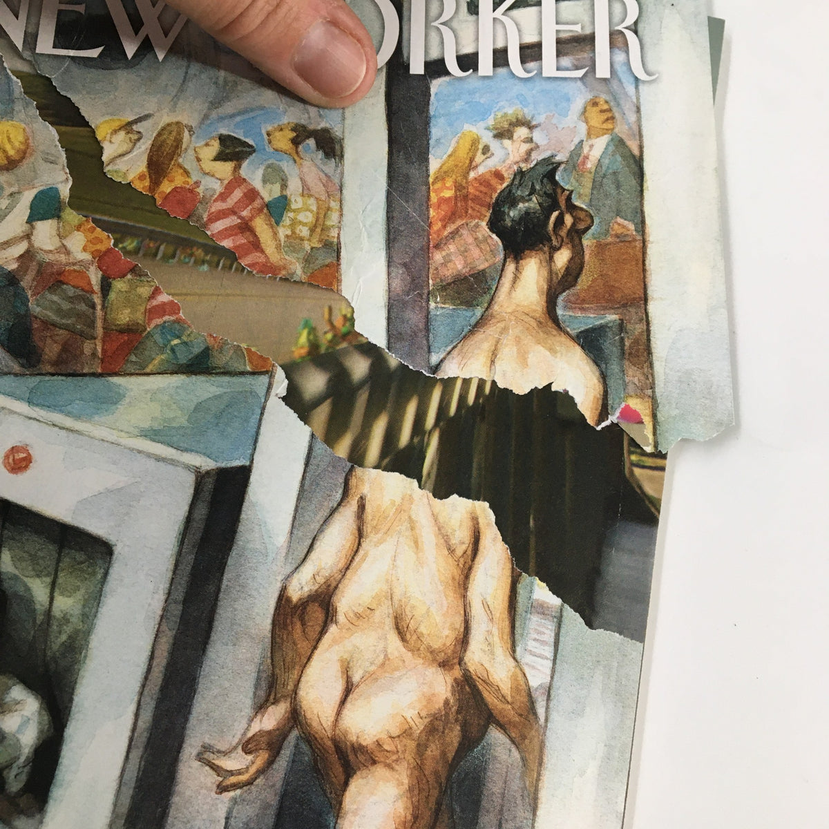 Close-up of 'Through the Wringer' cover art from The New Yorker Full Magazine May 26 2008, highlighting the torn edge and artistic details of a figure in a security scan.