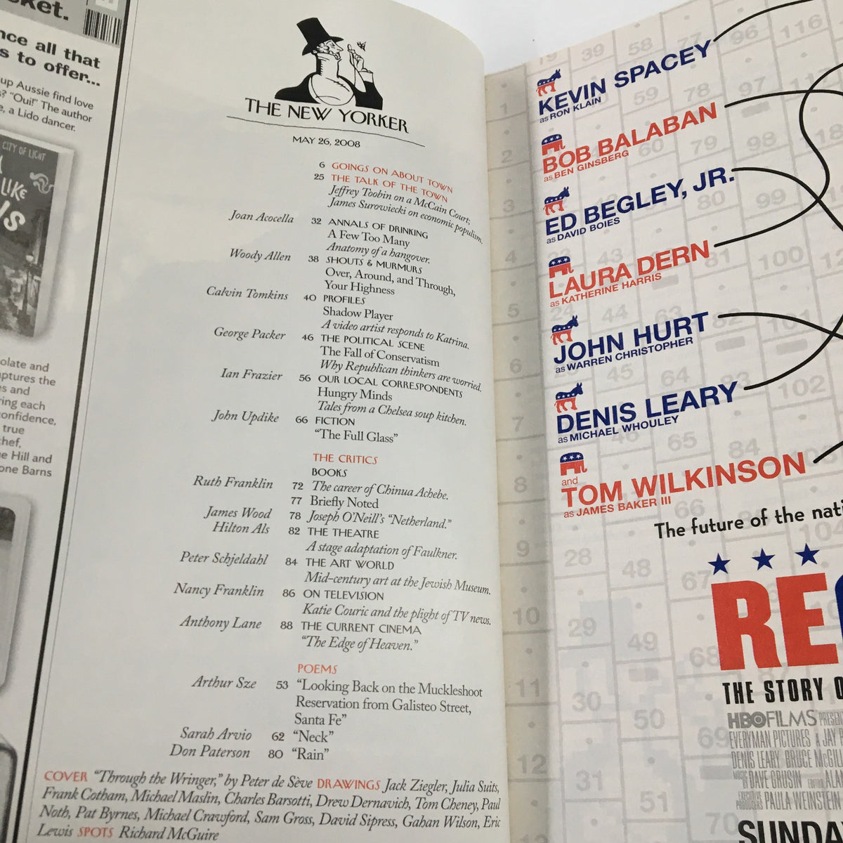 Inside page of The New Yorker Full Magazine May 26 2008, displaying the table of contents and article listings, connecting to the magazine's rich literary heritage.