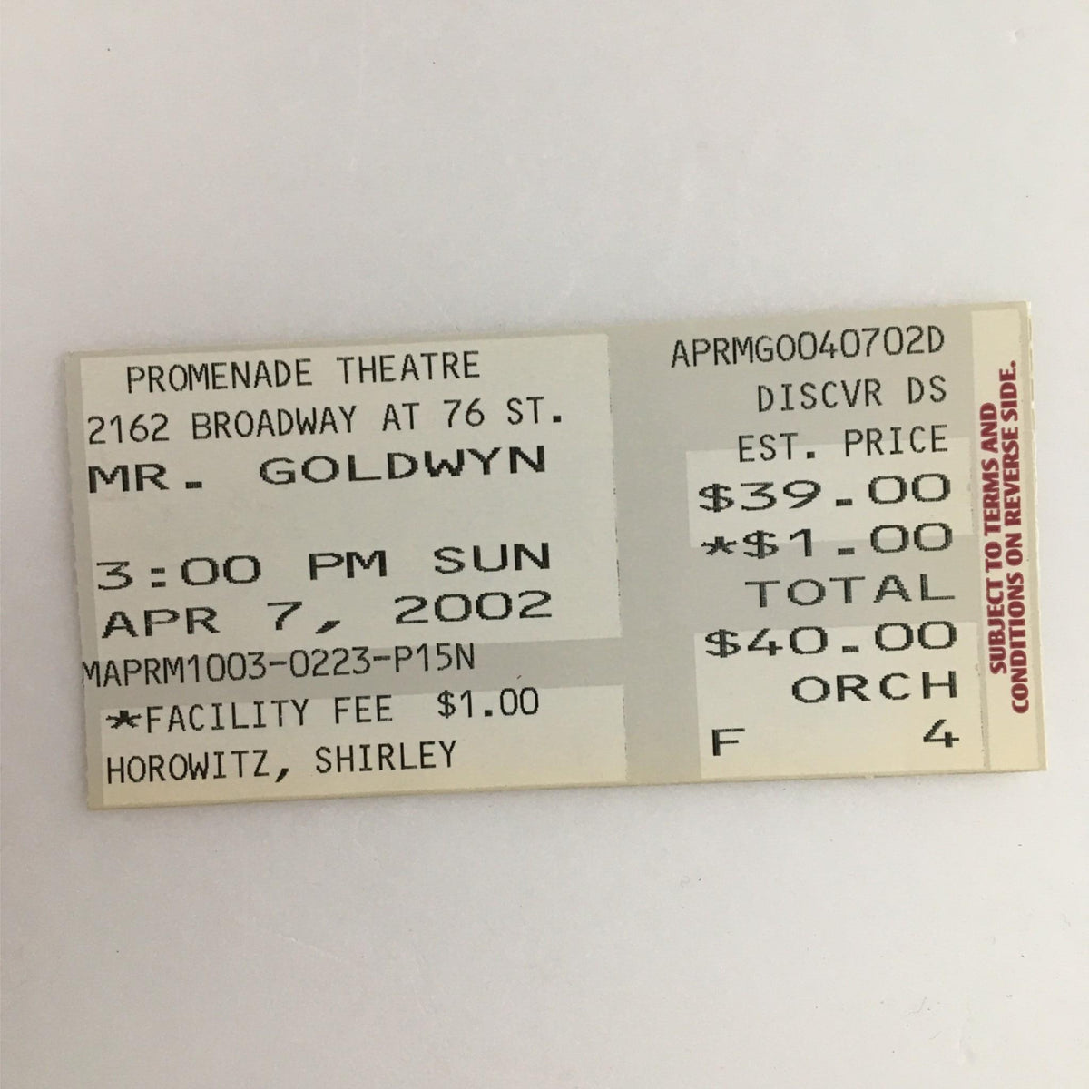 Ticket for the 2002 performance of 'Mr. Goldwyn' at Promenade Theatre, dated April 7, showcasing pricing details.