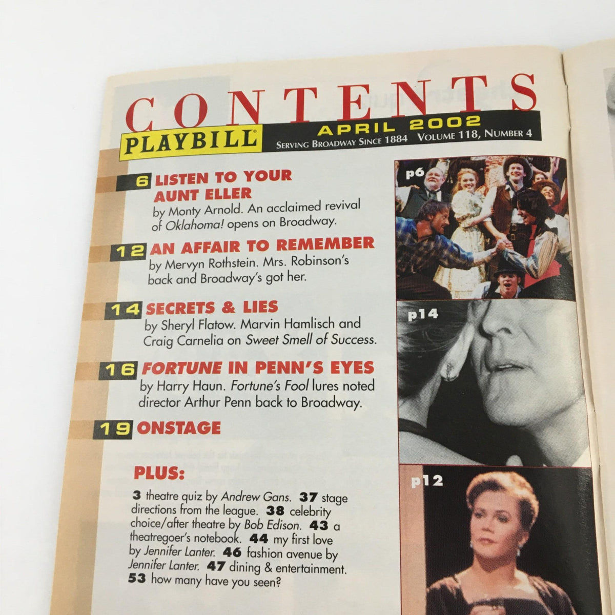 Contents page of the April 2002 Playbill, featuring articles and sections relevant to Broadway shows including 'Mr. Goldwyn'.