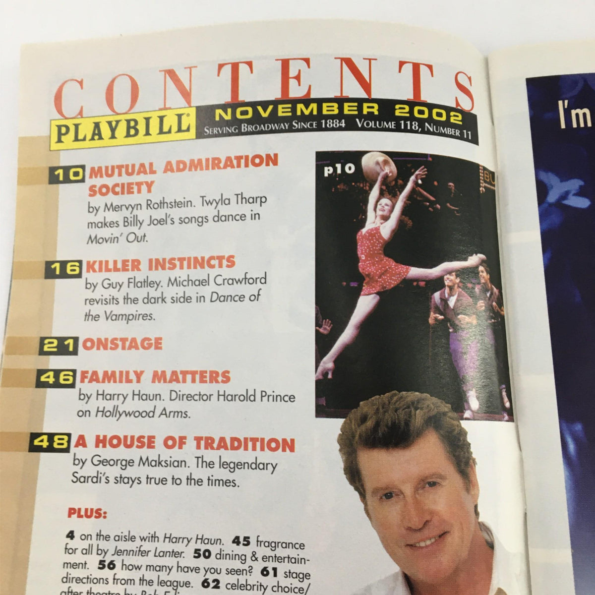 Interior page of the November 2002 Playbill for Yellowman displaying table of contents, highlighting various sections and features of the theater program.
