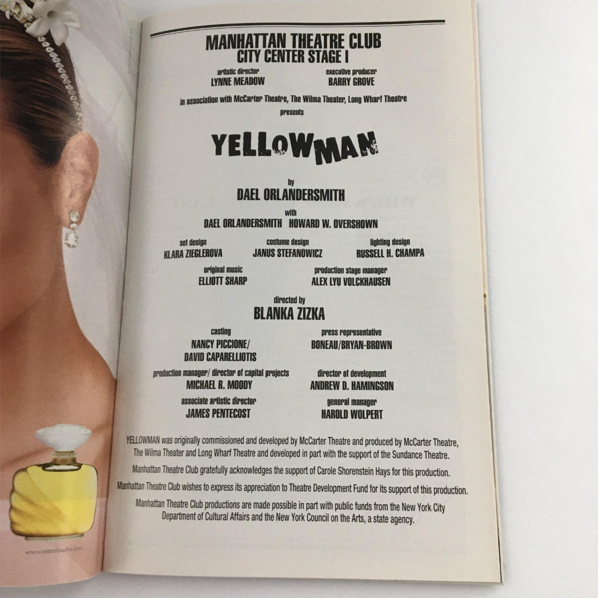 Interior page of the 2002 Playbill for Yellowman showcasing cast and creative team details, produced by the Manhattan Theater Club at City Center Stage I.