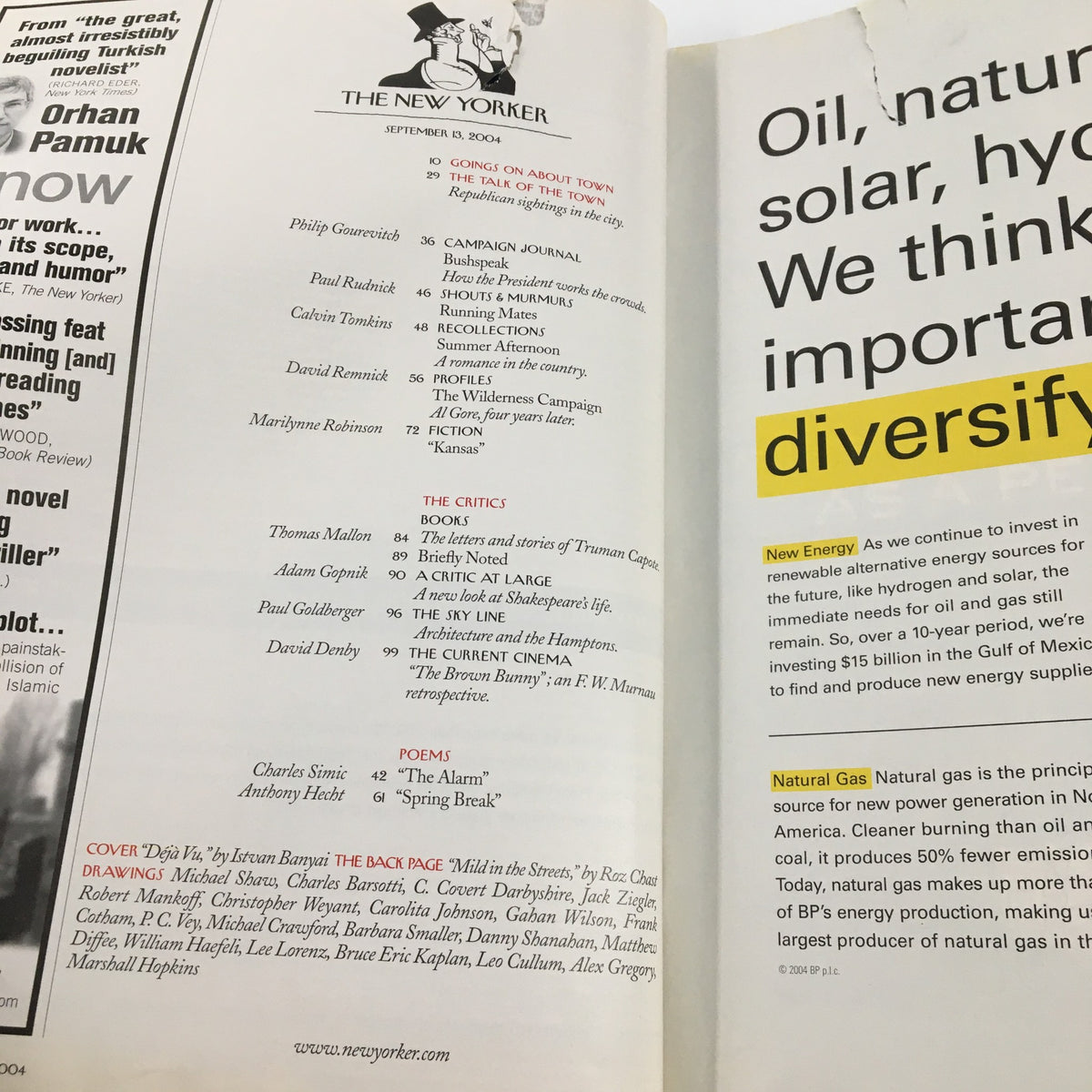 Interior page of The New Yorker Full Magazine September 13 2004 Deja Vu by Istvan Banyai, featuring table of contents with notable articles and authors.