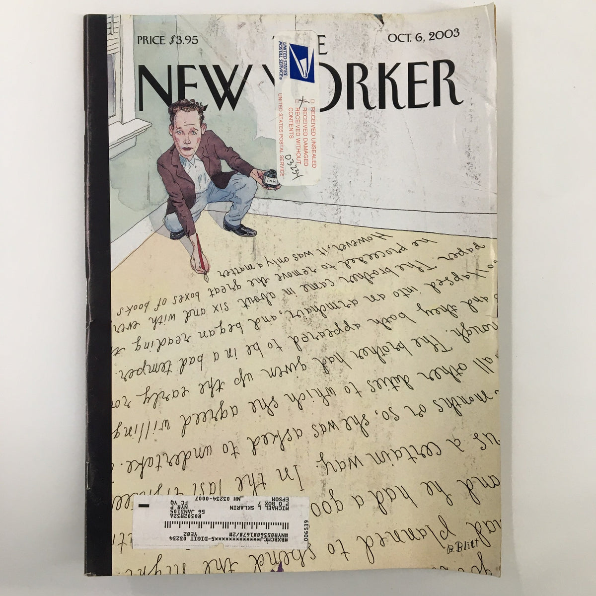 The New Yorker Full Magazine October 6, 2003 with the cover illustration 'Writer's Dilemma' by Barry Blitt showcasing a man in a room surrounded by handwritten notes.