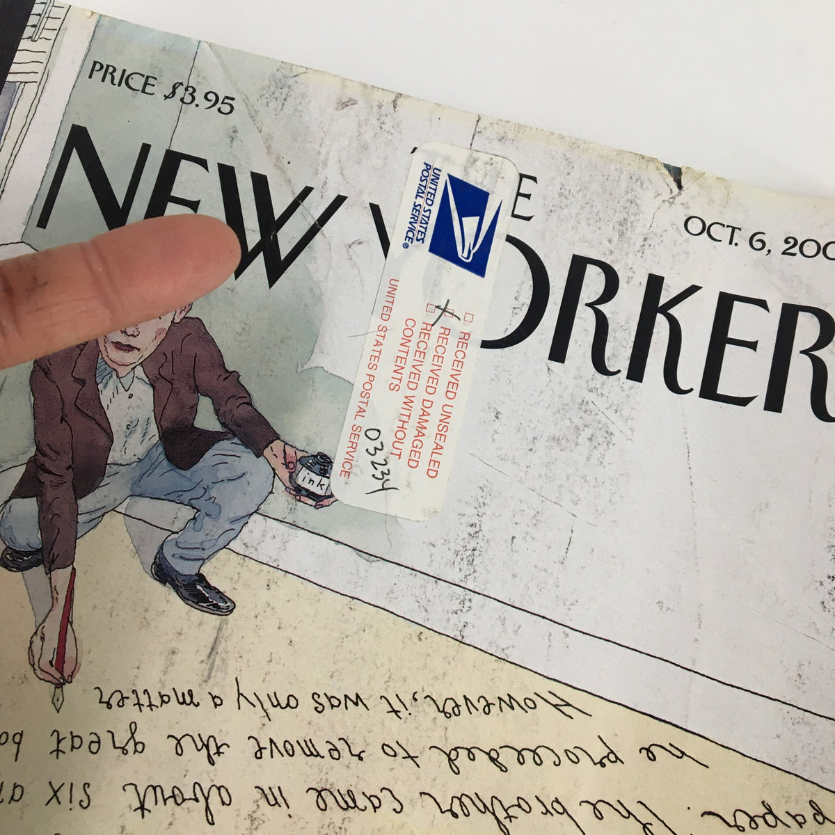 Close-up of the cover of The New Yorker Full Magazine October 6, 2003 showing the address label and part of the cover art 'Writer's Dilemma' by Barry Blitt.