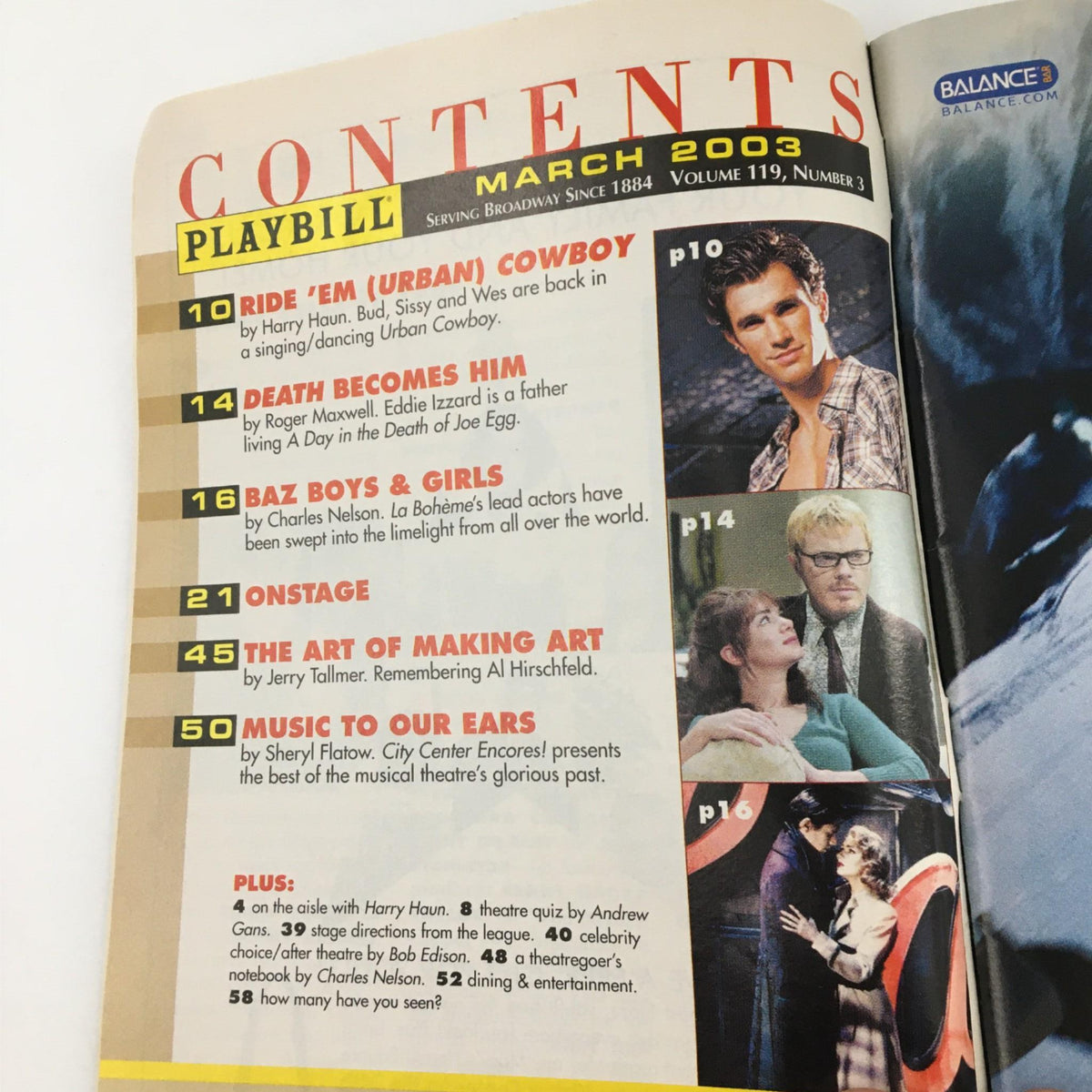 Contents page from the March 2003 Playbill, including articles and features related to 'The Play What I Wrote'.