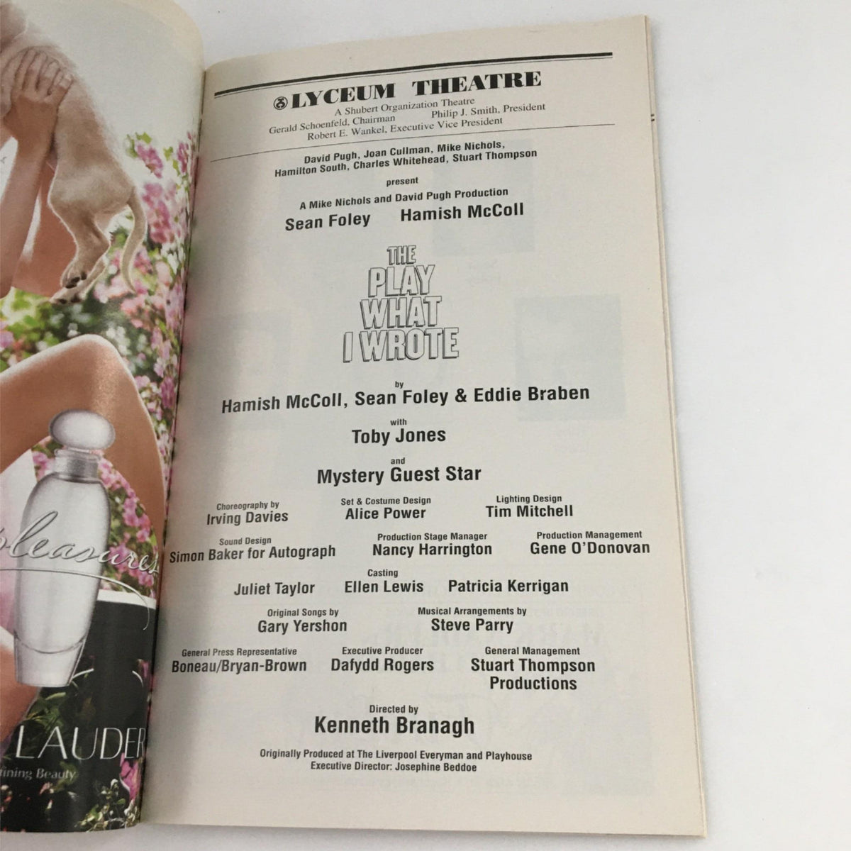 2003 Playbill for 'The Play What I Wrote' at Lyceum Theatre featuring details on cast and creative team, including Kenneth Branagh.