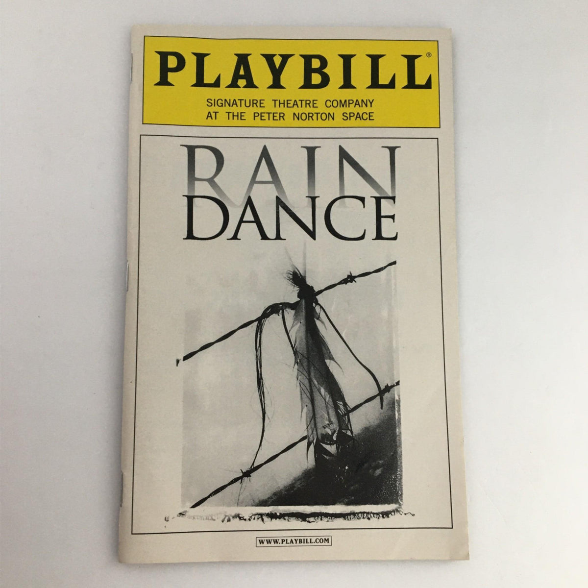 2003 Playbill for Rain Dance by Signature Theatre Company at the Peter Norton Space, showcasing a minimalist cover design with a feather and artistic elements.
