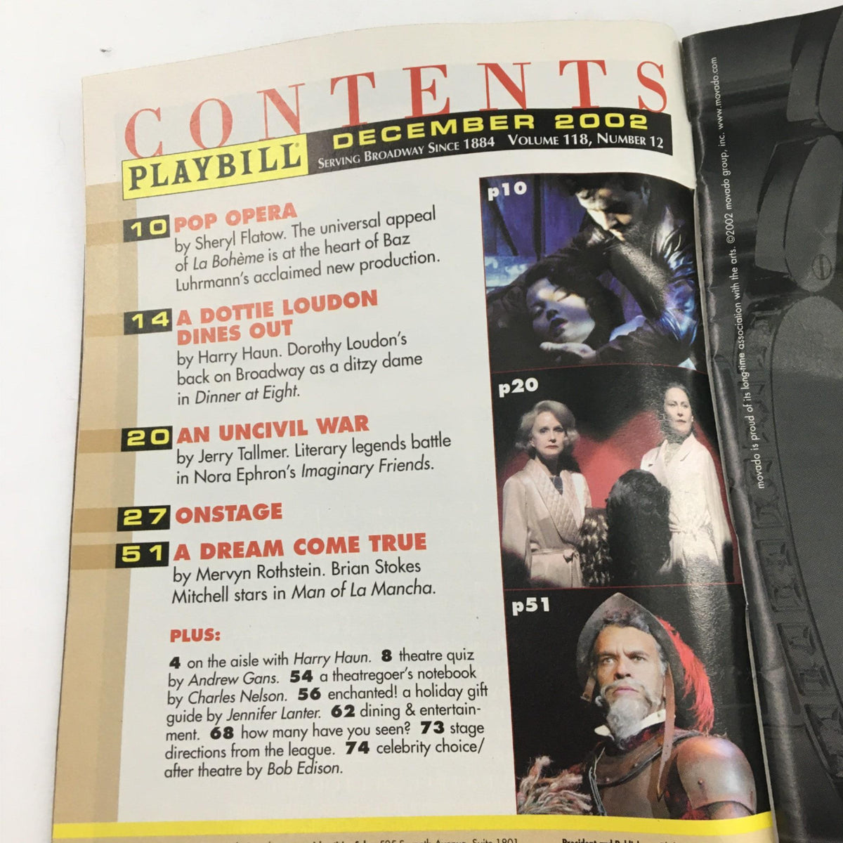 Contents page of the 2002 Playbill for Imaginary Friends at the Ethel Barrymore Theatre, showcasing the featured articles and performances.