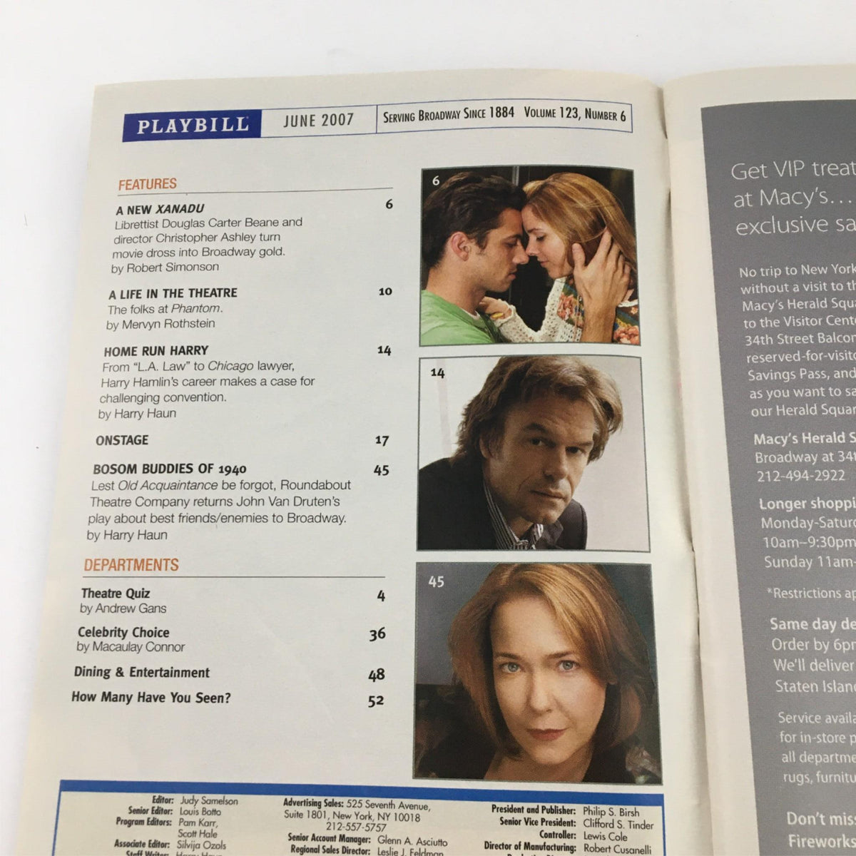 Inside view of the June 2007 Playbill for Grey Gardens at Walter Kerr Theatre, featuring cast listings and production insights.