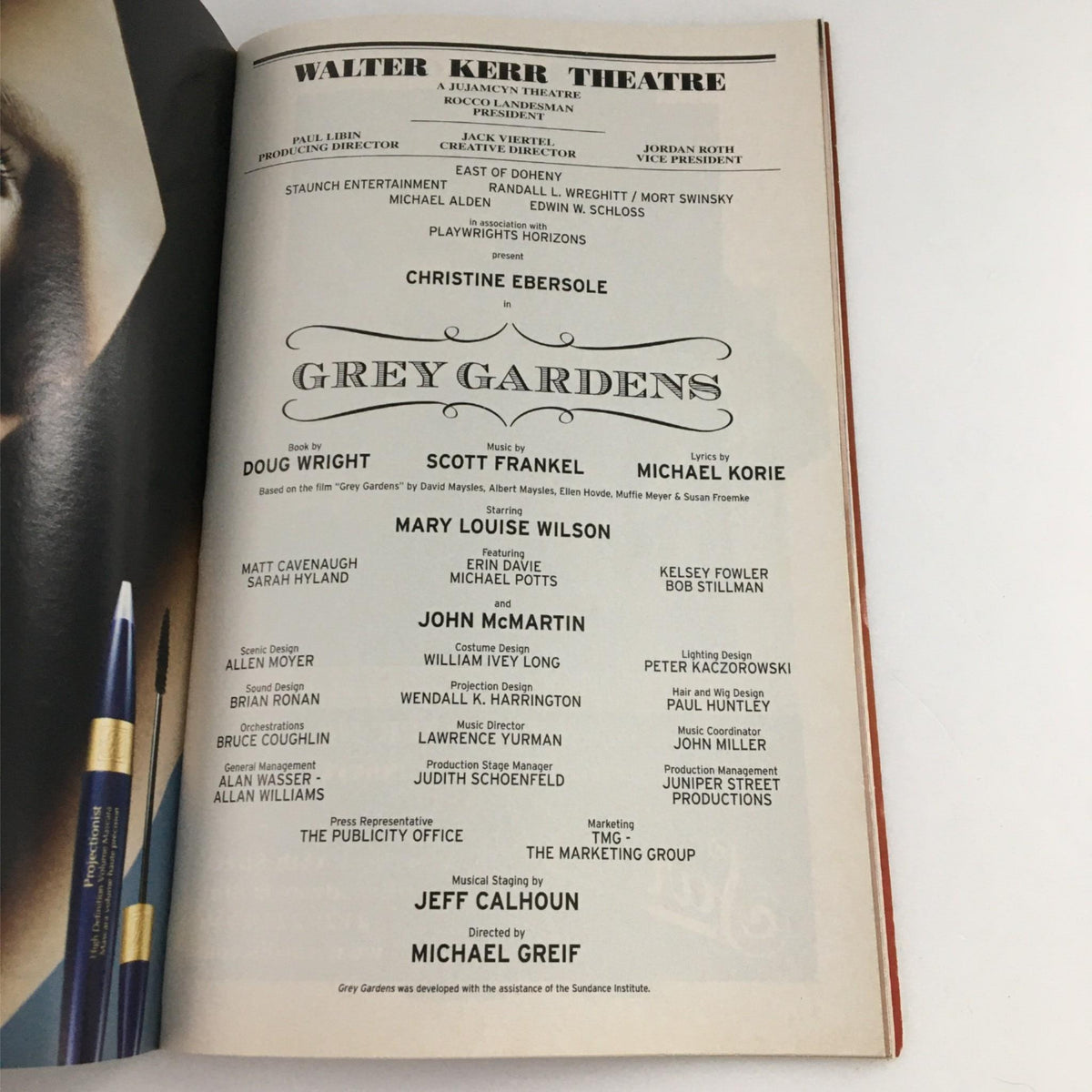 Walter Kerr Theatre page from the June 2007 Playbill for Grey Gardens, detailing the creative team and cast members involved in the production.