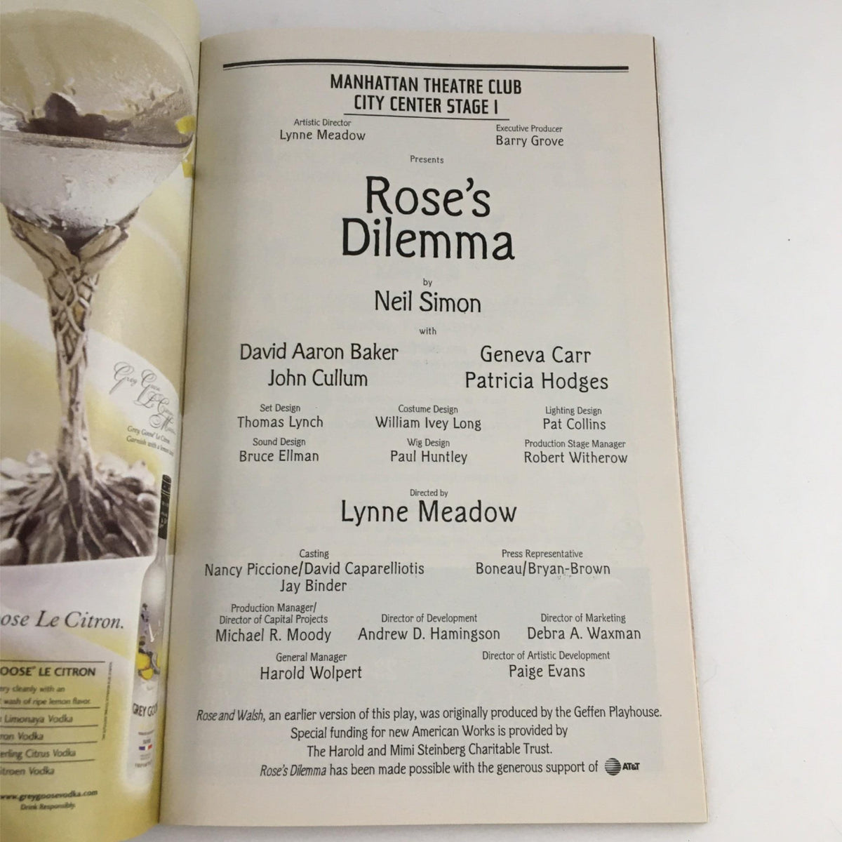 Another interior page of the Playbill for Rose's Dilemma listing the cast and creative team along with the production's credits.