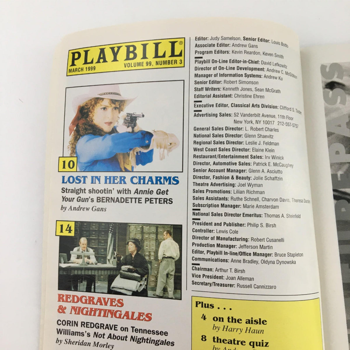 Inside view of the 1999 Playbill for Not About Nightingales, displaying a feature on Lost in Her Charms and Redgraves & Nightingales along with other theater content.