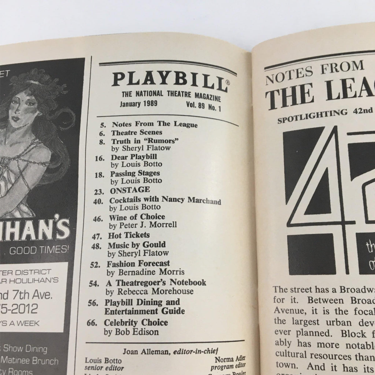 Interior of the 1989 Playbill for Dear Life by New York Shakespeare Festival Public Theater, showcasing the table of contents and features of the theater magazine.