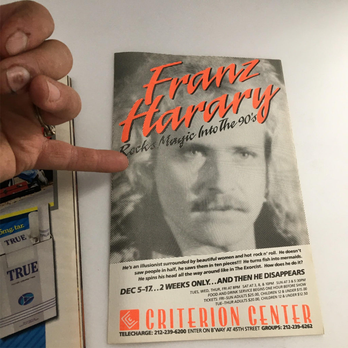 Advertisement for Franz Hary featuring promotional details for the play Mastergate, part of the 1989 Playbill by Criterion Center Stage Right.