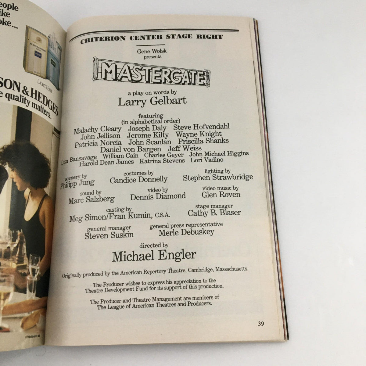 Inside page of the 1989 Playbill Mastergate by Criterion Center Stage Right, listing the cast and crew, including Gene Wolsk and Larry Gelbart.