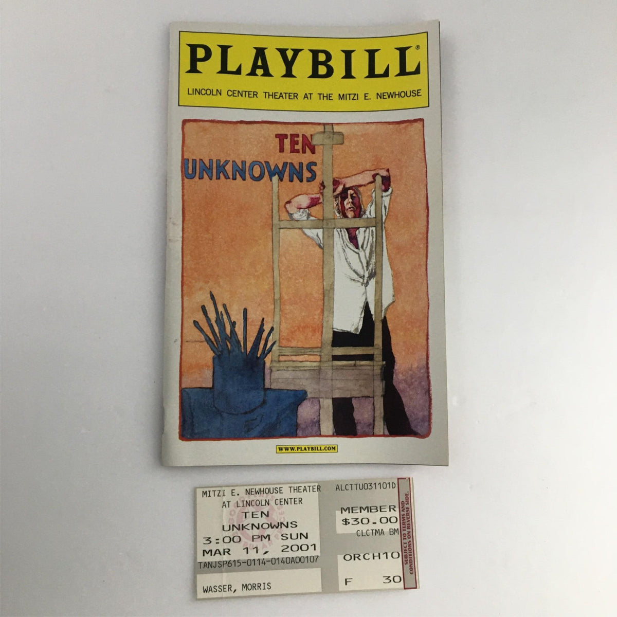 2001 Playbill The Unknowns by Lincoln Center Theater at the Mitzi E. Newhouse, showcasing the cover art featuring an artist and a palette, along with an original ticket stub for the performance.