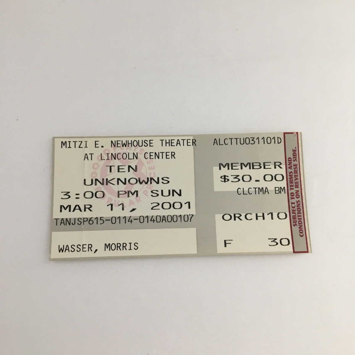 2001 Playbill The Unknowns ticket for performance at Mitzi E. Newhouse Theater, featuring date and time details.