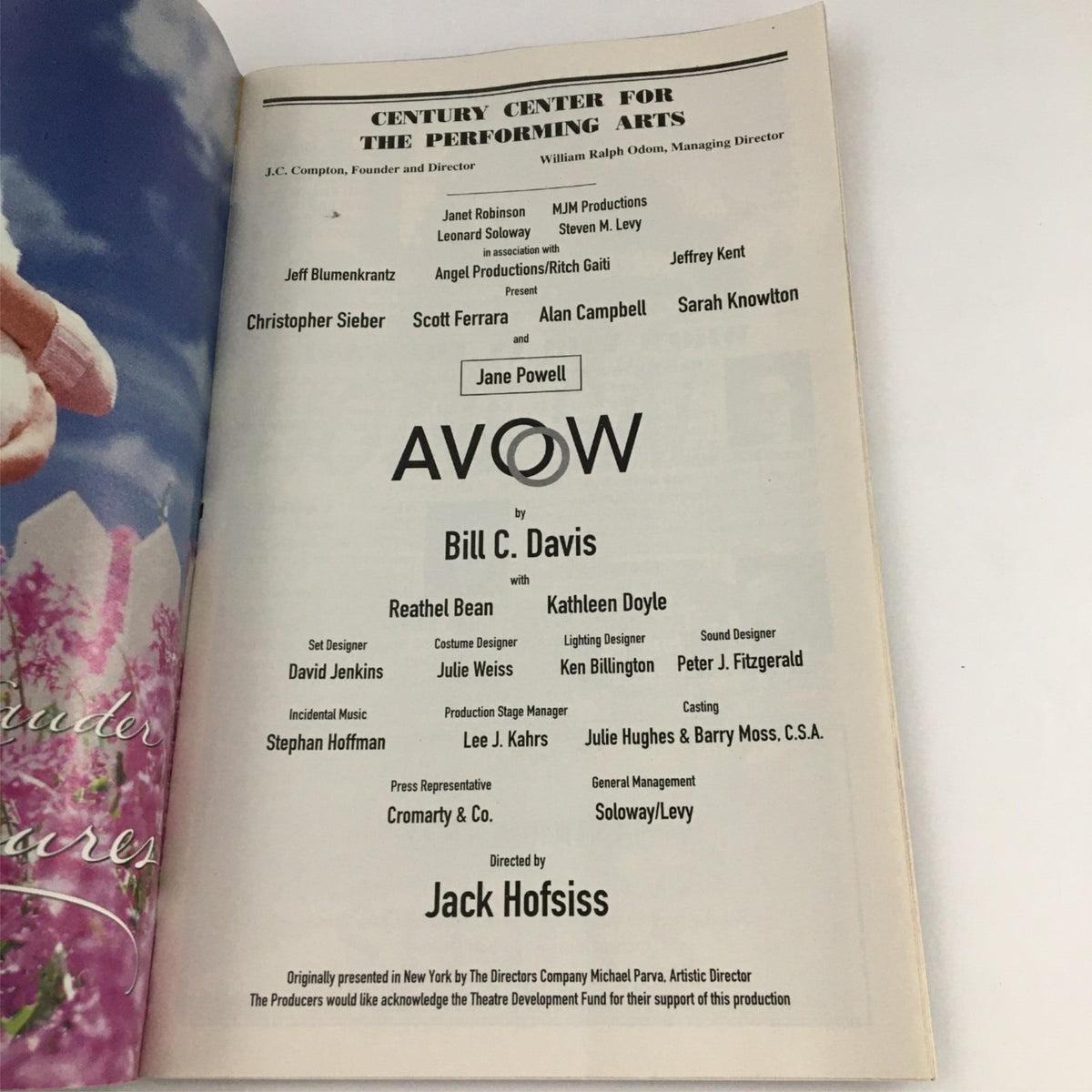 The cast and crew list for the 2000 production of Avow by Bill C. Davis featured in the Playbill.