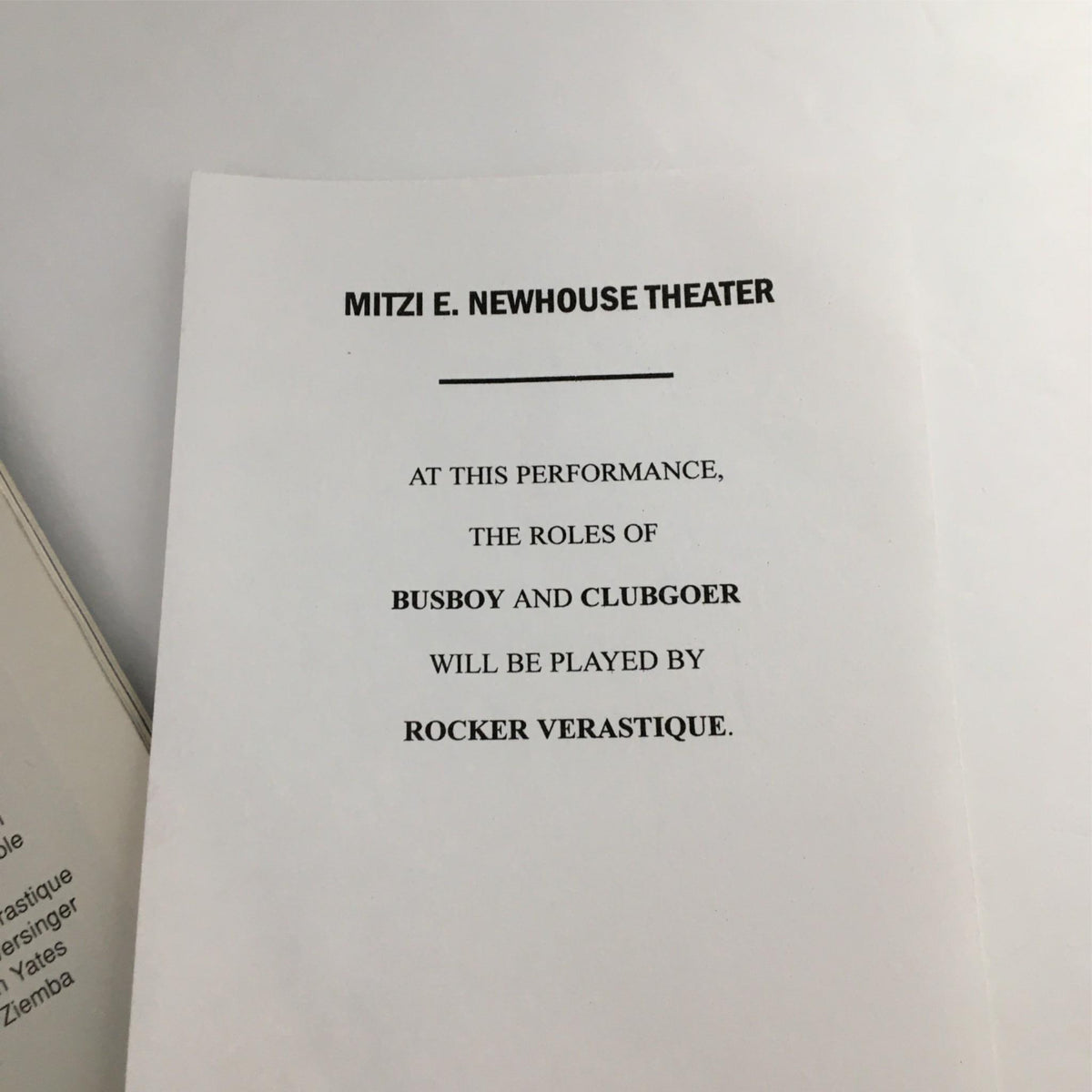 1999 Playbill Contact at Mitzi E. Newhouse Theater, detailing the roles of Busboy and Clubgoer played by Rocker Verastique.
