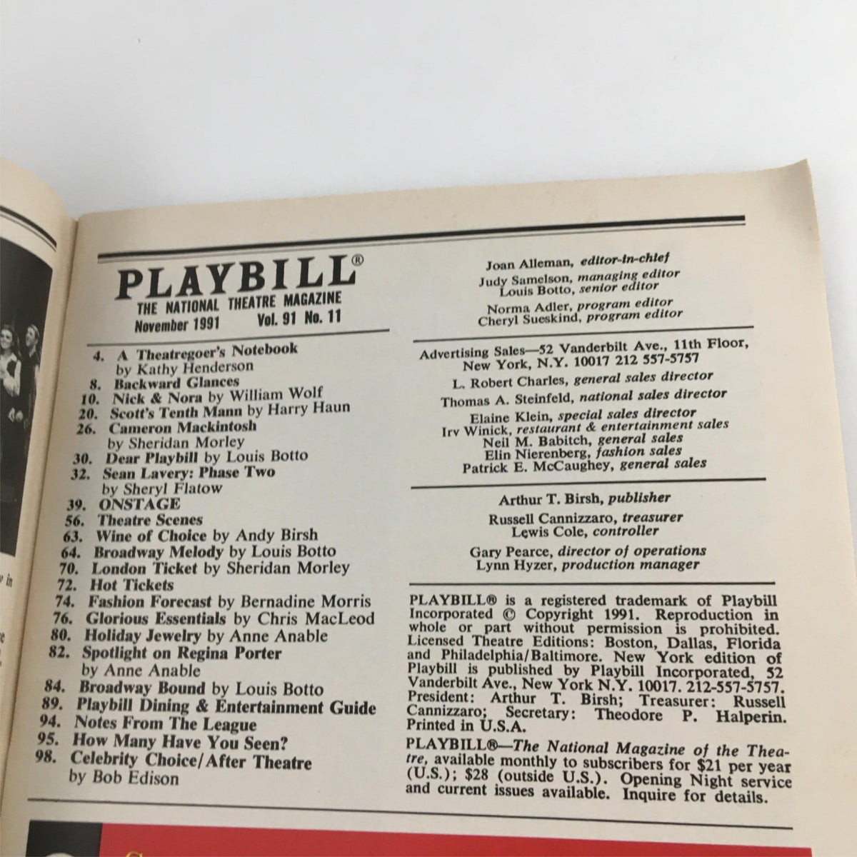 Inside page of the 1991 Playbill for A Piece of My Heart, showing content and layout from the November 1991 issue.
