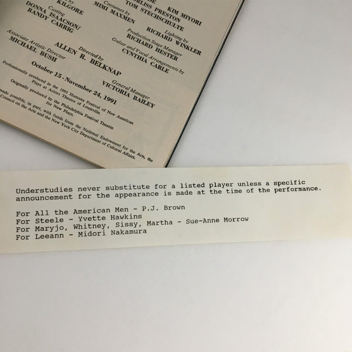 1991 Playbill A Piece of My Heart includes an insert listing understudies and announcements for specific performances.