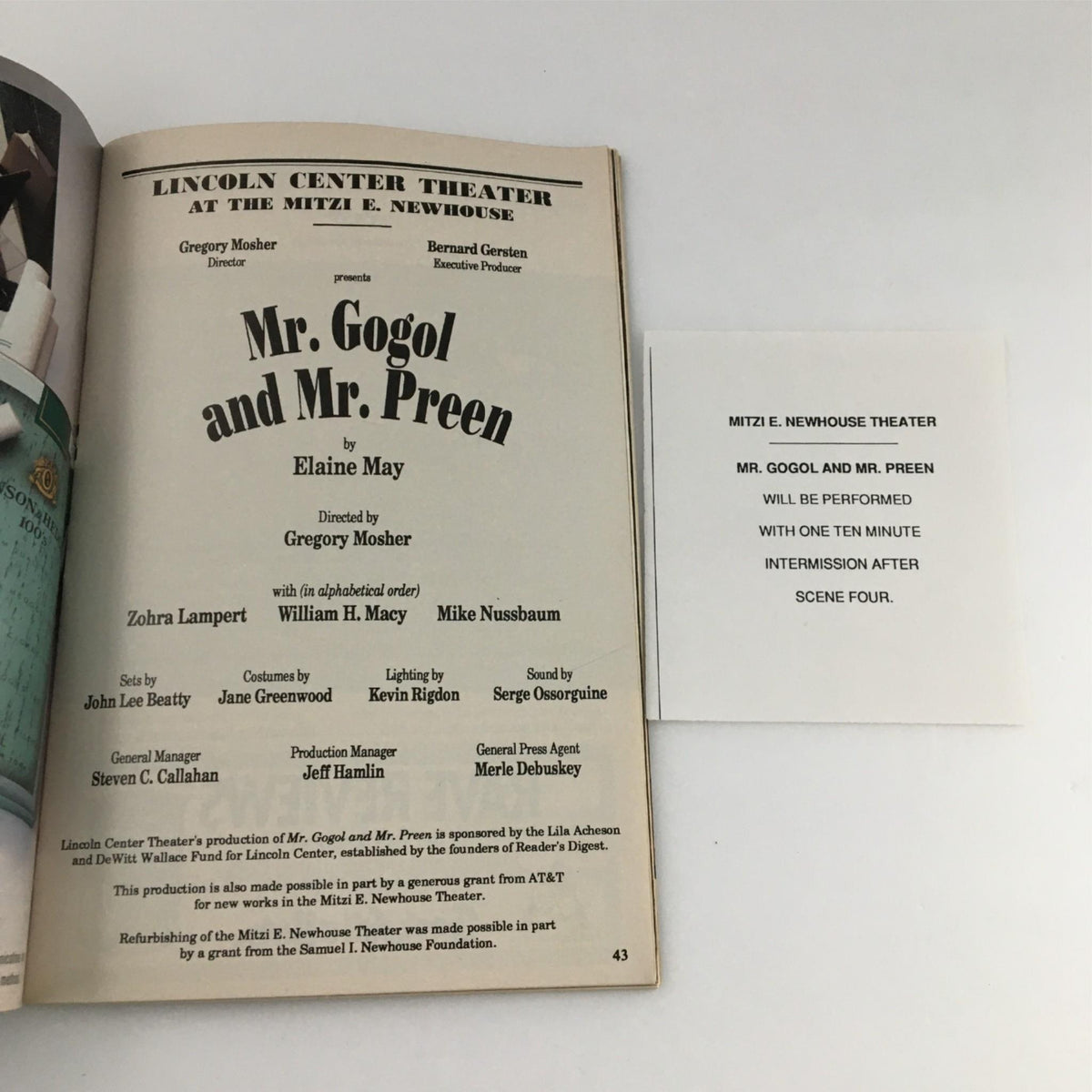 Inside page of the Playbill for Mr. Gogol and Mr. Preen, detailing production credits and cast information at Lincoln Center Theater.
