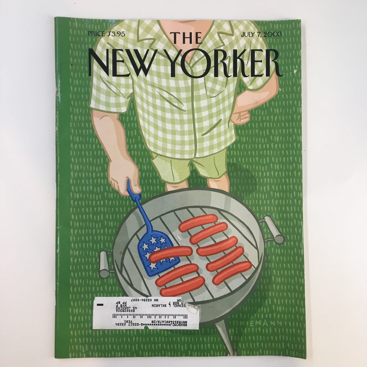 Cover of The New Yorker Full Magazine, July 7, 2003, featuring an illustration of a person grilling hot dogs with an American flag motif, titled What So Proudly We Hail by C. Niemann.