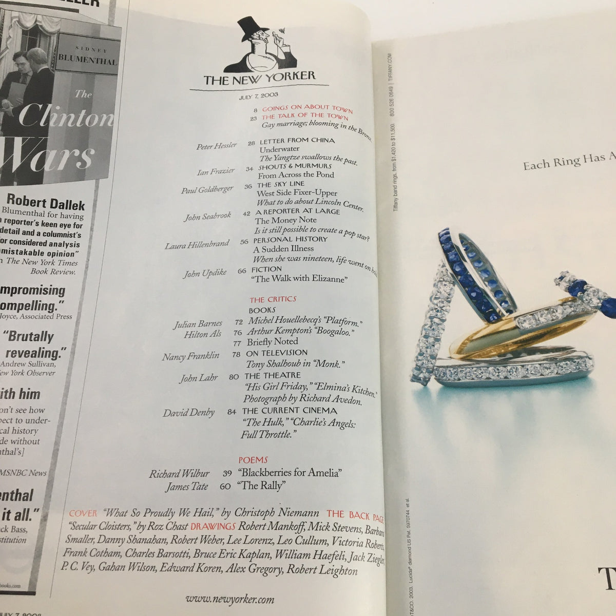 Interior page of The New Yorker Full Magazine, July 7, 2003, displaying the table of contents, including articles and poems featured in this issue, emphasizing its literary content.