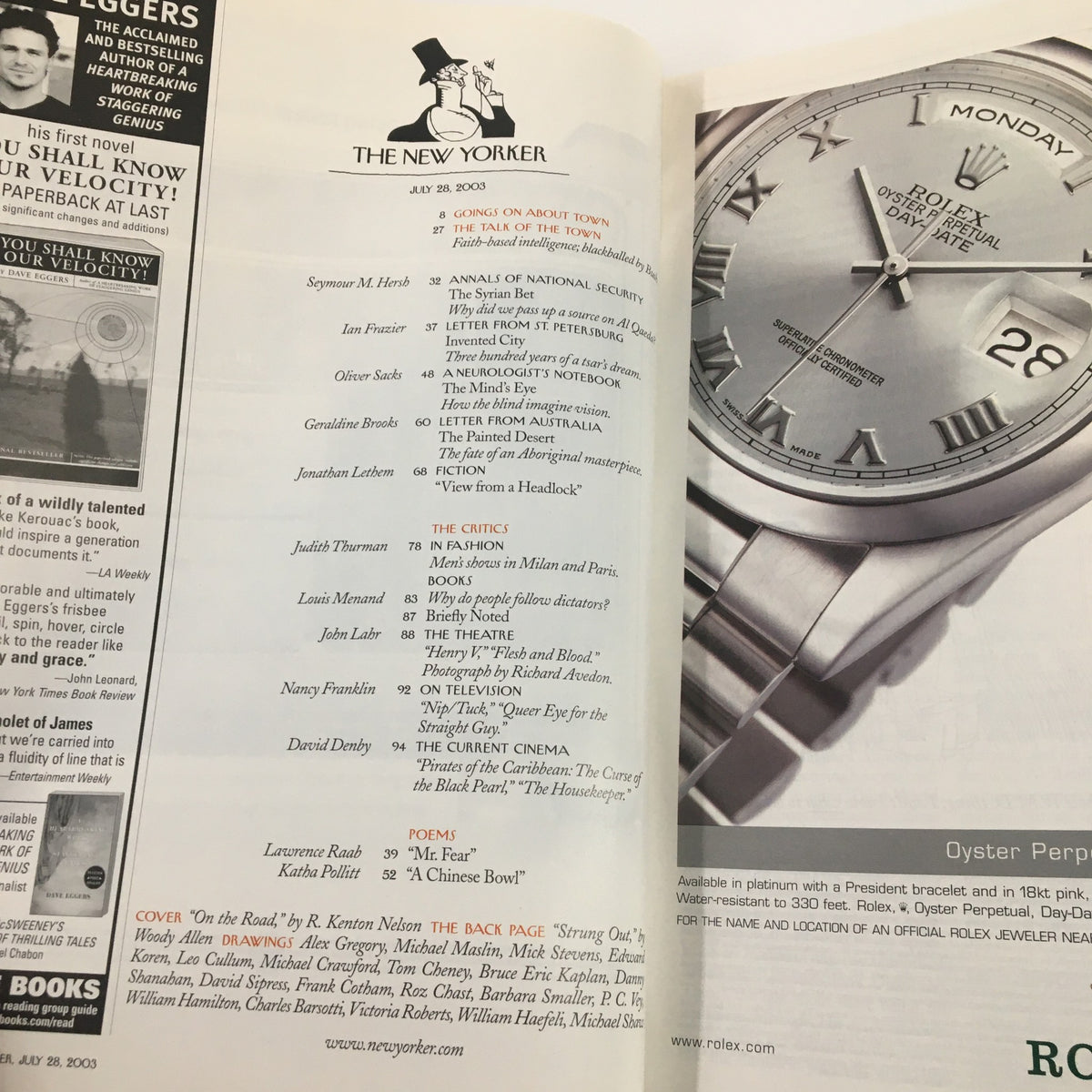 The New Yorker Full Magazine July 28 2003 inside page displaying the table of contents and advertisements, reflecting its vintage design.