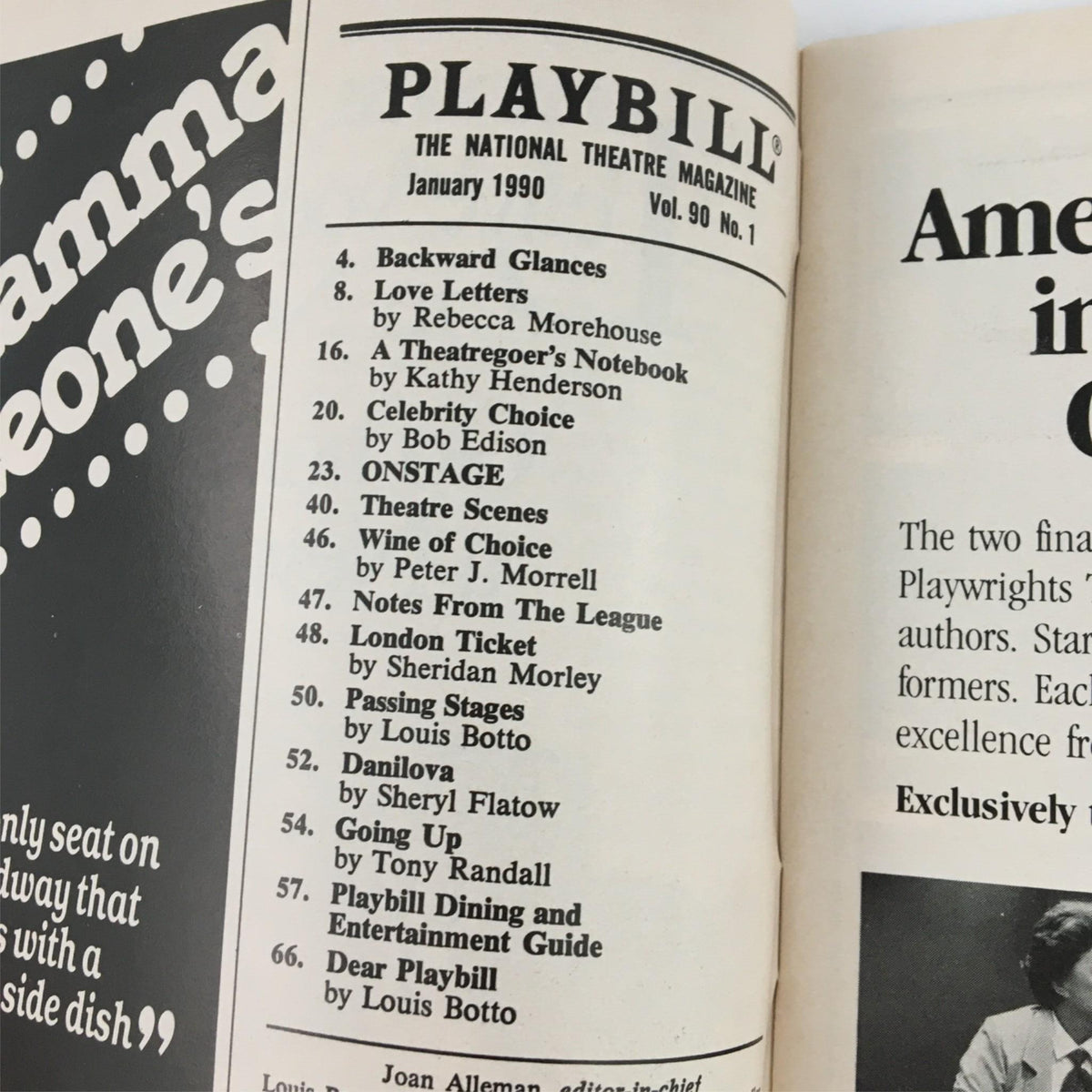 Inside view of the 1990 Playbill Tru from January 1990, showcasing the table of contents for the national theatre magazine, highlighting various articles and features related to theater.