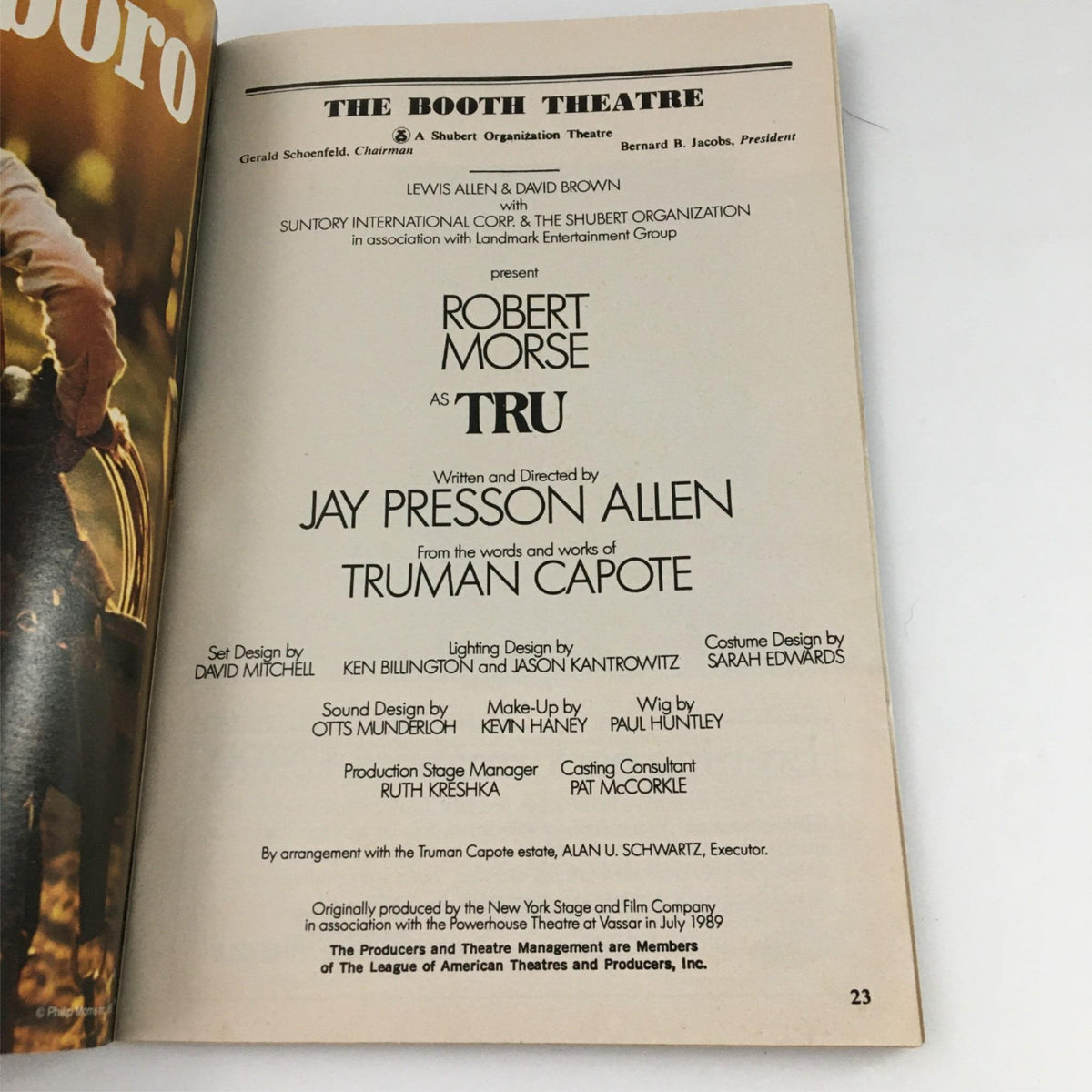Inside view of the 1990 Playbill for 'Tru' by The Booth Theatre featuring Robert Morse and Jay Presson Allen. Includes production credits and cast details.