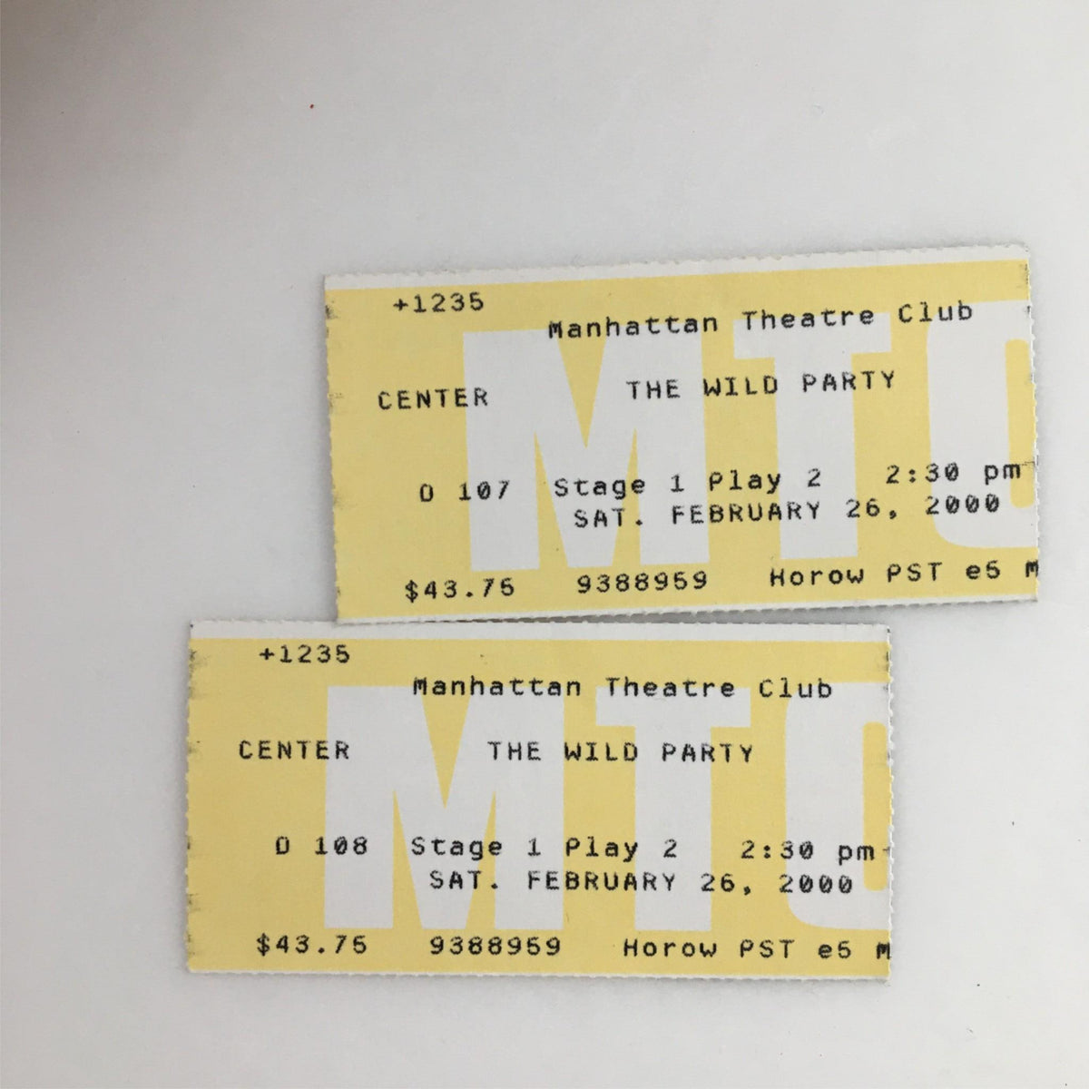 Original tickets for the 2000 production of The Wild Party by Manhattan Theatre Club, showcasing details of the theatrical event.