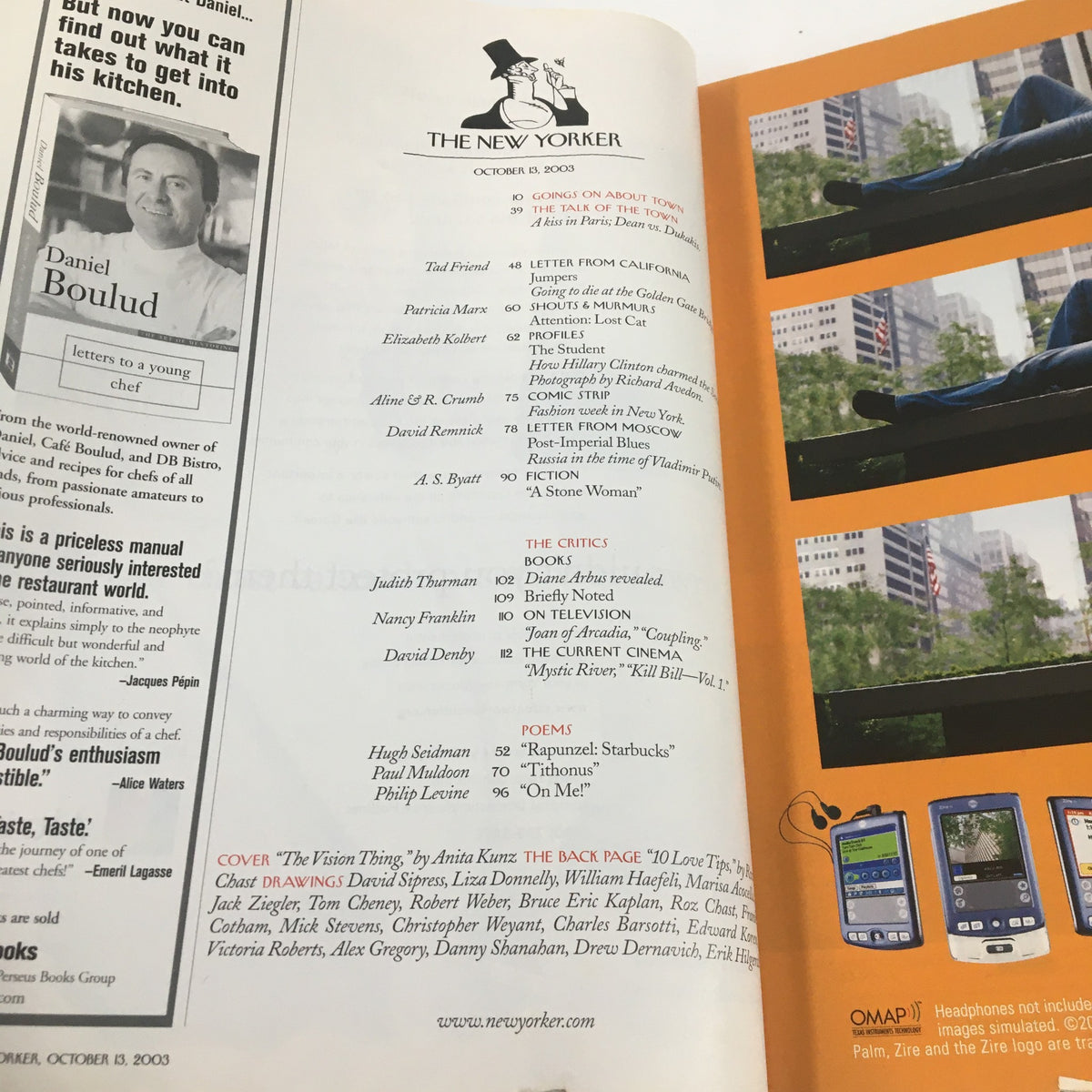 Contents page of The New Yorker Full Magazine October 13 2003 displaying article titles and contributors.